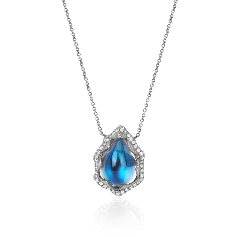 Queen Water Drop Blue Sheen Moonstone Necklace with Full Pavé Halo | Ready to Ship White Gold 16-18" by Logan Hollowell Jewelry
