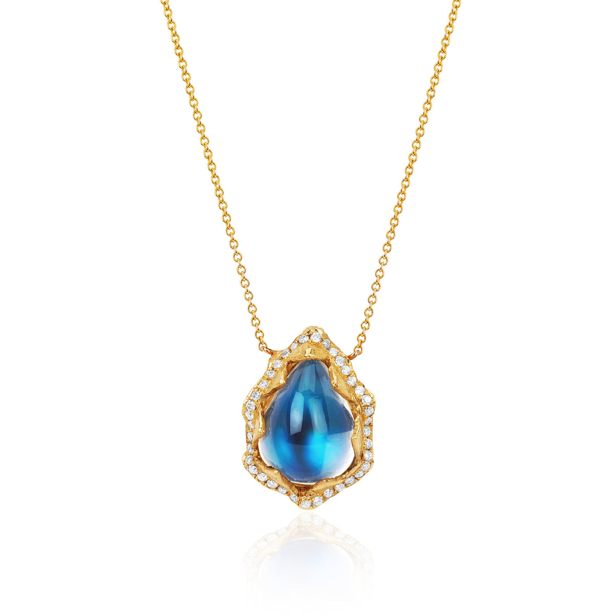 Queen Water Drop Blue Sheen Moonstone Necklace with Full Pavé Halo Yellow Gold 16-18" by Logan Hollowell Jewelry