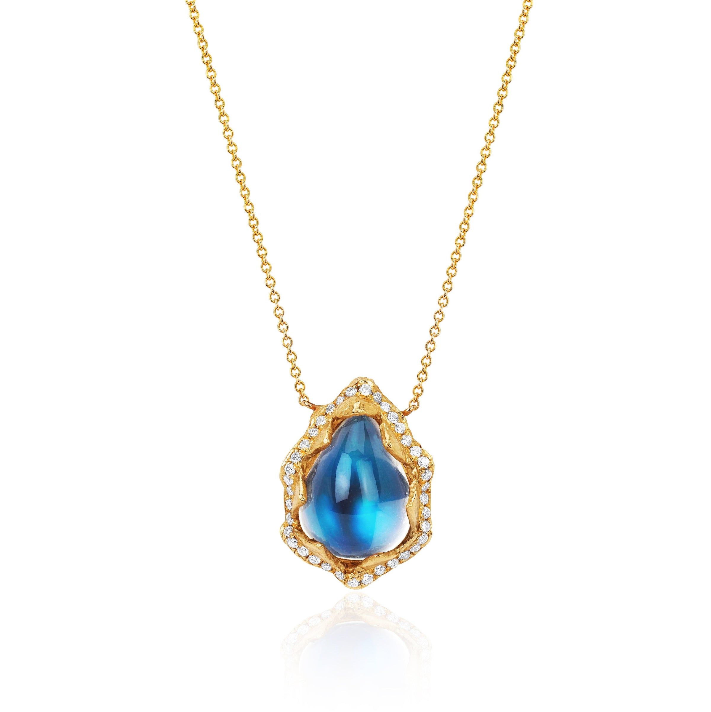 Queen Water Drop Blue Sheen Moonstone Necklace with Full Pavé Halo Yellow Gold 16-18" by Logan Hollowell Jewelry