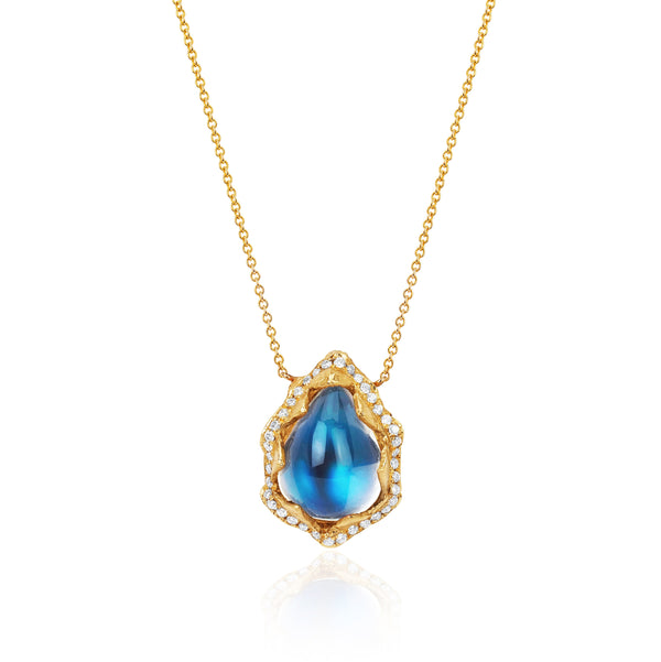 Queen Water Drop Blue Sheen Moonstone Necklace with Full Pavé Halo Yellow Gold 16-18" by Logan Hollowell Jewelry