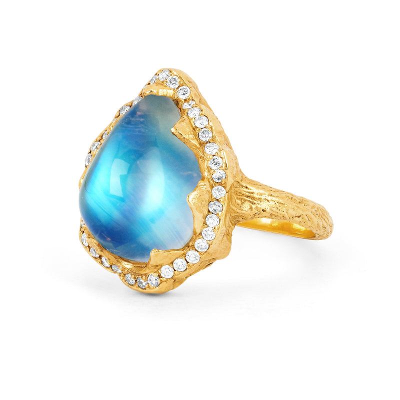 Queen Water Drop Blue Sheen Moonstone Ring with Full Pavé Halo by Logan Hollowell Jewelry