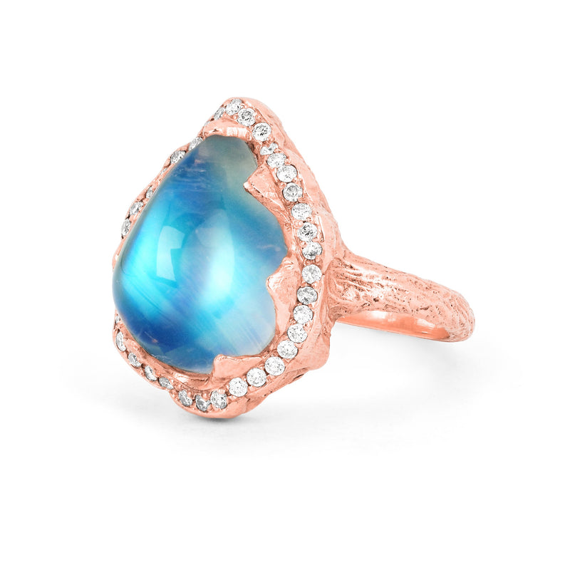 Queen Water Drop Blue Sheen Moonstone Ring with Full Pavé Halo by Logan Hollowell Jewelry