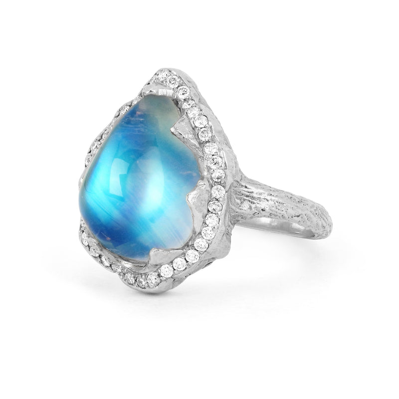 Queen Water Drop Blue Sheen Moonstone Ring with Full Pavé Halo by Logan Hollowell Jewelry