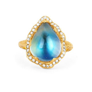 18k Queen Water Drop Blue Sheen Moonstone Ring with Full Pavé Halo Yellow Gold 4  by Logan Hollowell Jewelry
