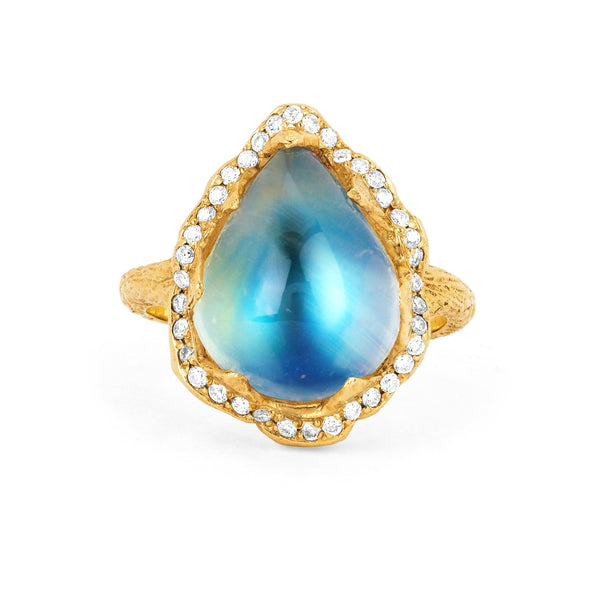 Queen Water Drop Blue Sheen Moonstone Ring with Full Pavé Halo Yellow Gold 6 by Logan Hollowell Jewelry