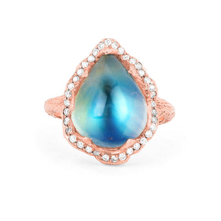18k Queen Water Drop Blue Sheen Moonstone Ring with Full Pavé Halo Rose Gold 4  by Logan Hollowell Jewelry