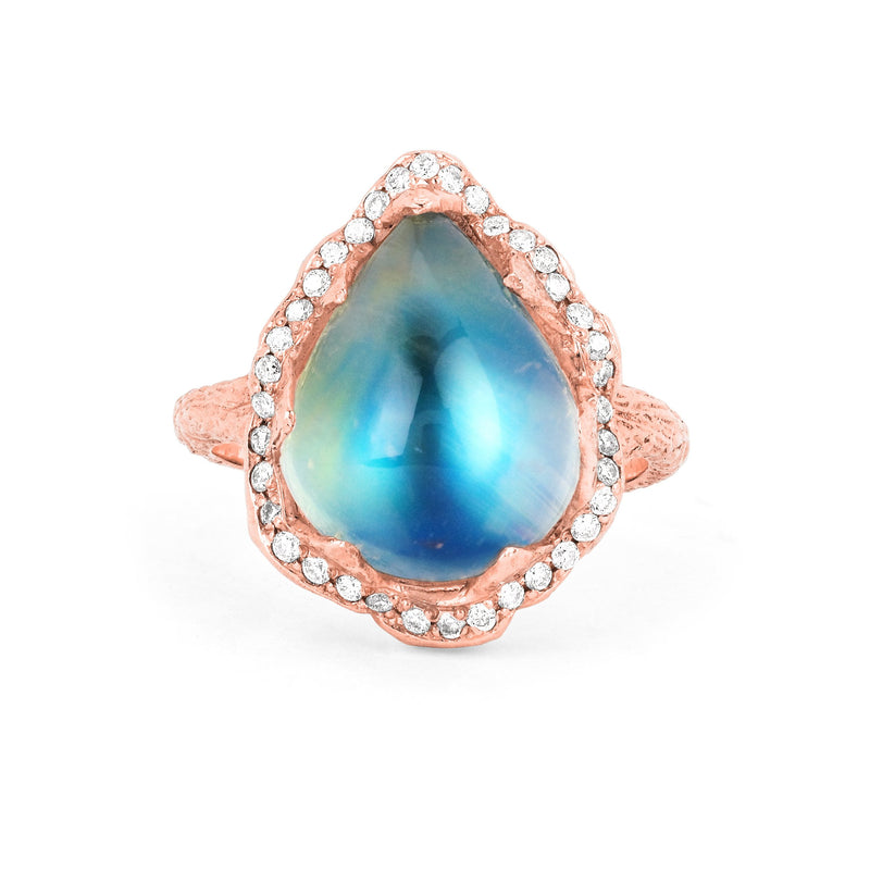 Queen Water Drop Blue Sheen Moonstone Ring with Full Pavé Halo Rose Gold 3 by Logan Hollowell Jewelry
