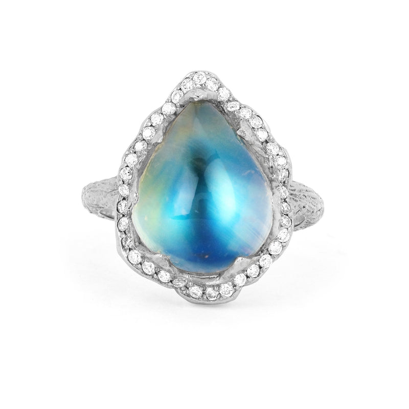 Queen Water Drop Blue Sheen Moonstone Ring with Full Pavé Halo White Gold 3 by Logan Hollowell Jewelry