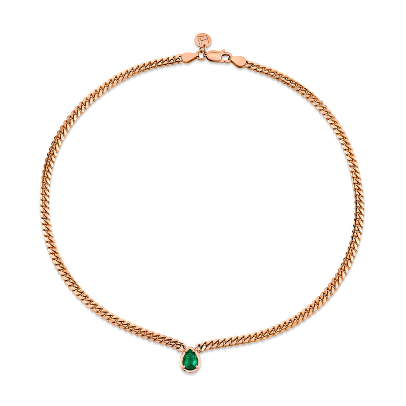 Water Drop Emerald Cuban Choker Rose Gold 14" by Logan Hollowell Jewelry