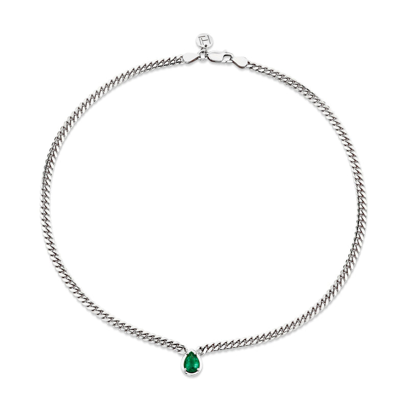 Water Drop Emerald Cuban Choker White Gold 14" by Logan Hollowell Jewelry