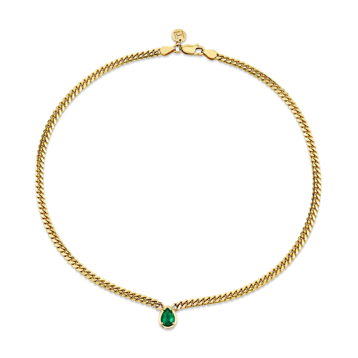 Water Drop Emerald Cuban Choker Yellow Gold 14" by Logan Hollowell Jewelry