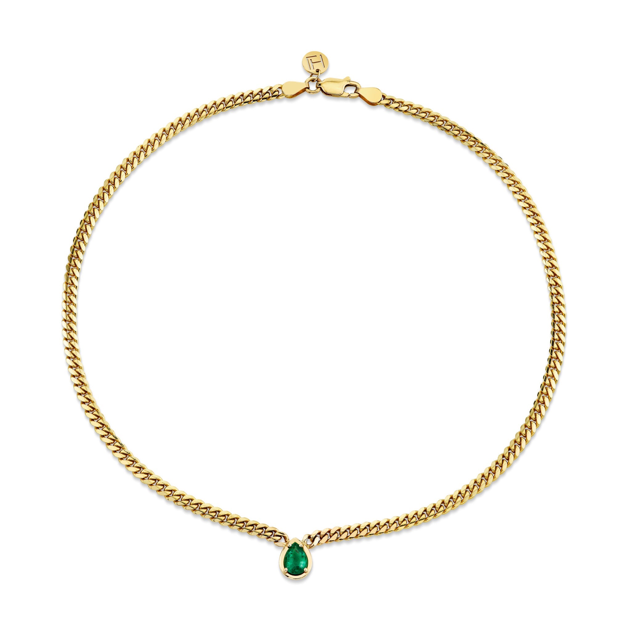 Water Drop Emerald Cuban Choker Yellow Gold 14" by Logan Hollowell Jewelry