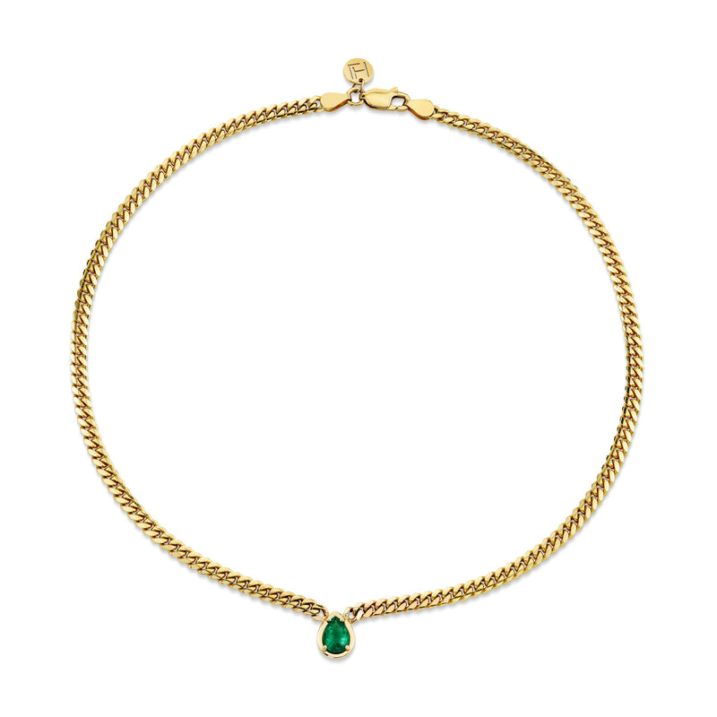 Water Drop Emerald Cuban Choker Yellow Gold 14" by Logan Hollowell Jewelry