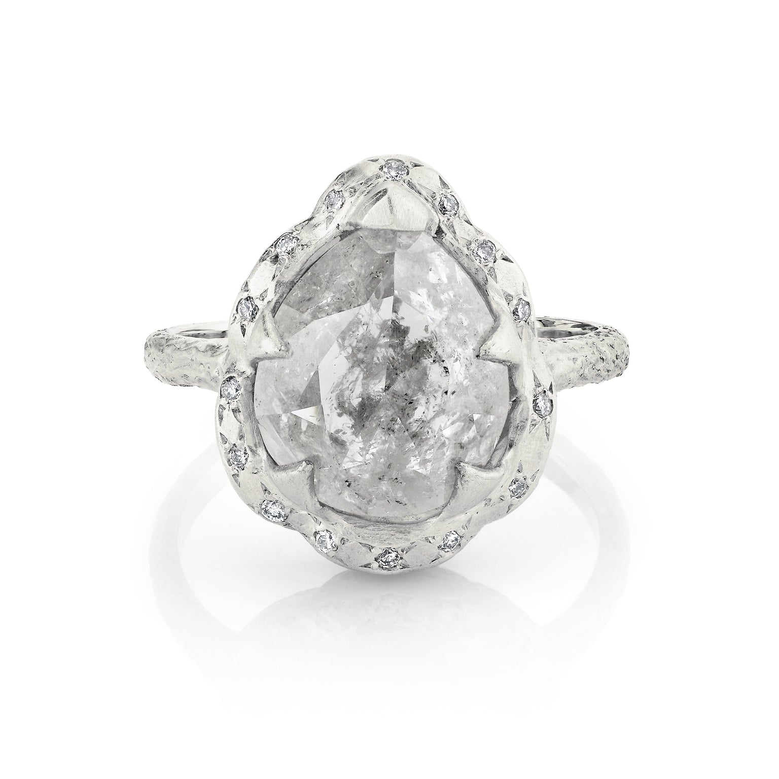 Premium Baby Queen Water Drop Salt & Pepper Diamond Ring with Sprinkled Diamond Halo by Logan Hollowell Jewelry