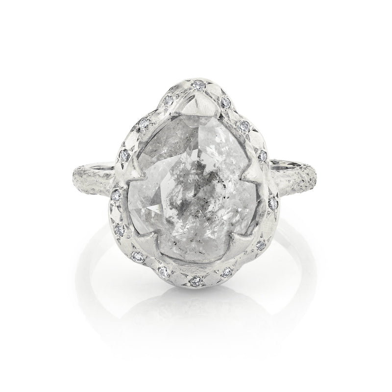 Premium Baby Queen Water Drop Salt & Pepper Diamond Ring with Sprinkled Diamond Halo by Logan Hollowell Jewelry