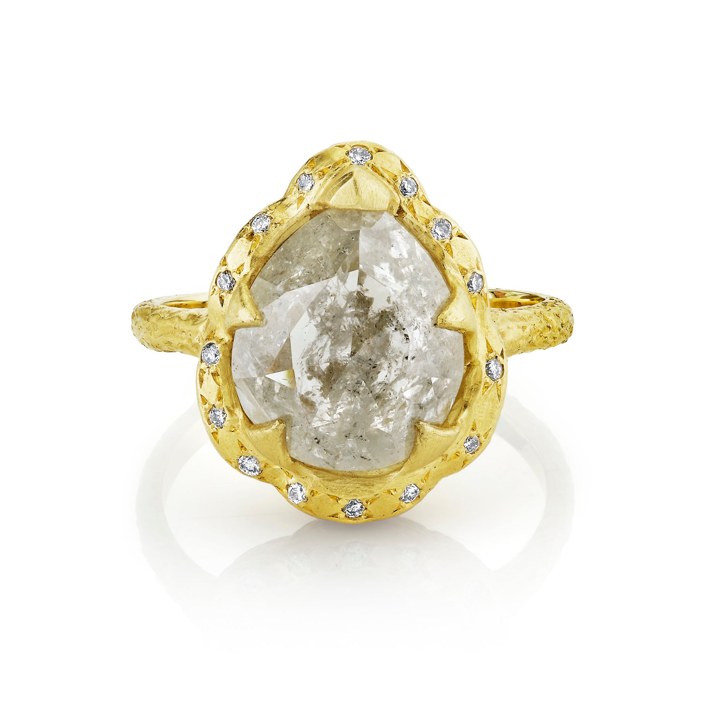 Premium Baby Queen Water Drop Salt & Pepper Diamond Ring with Sprinkled Diamond Halo Yellow Gold 6.5 by Logan Hollowell Jewelry