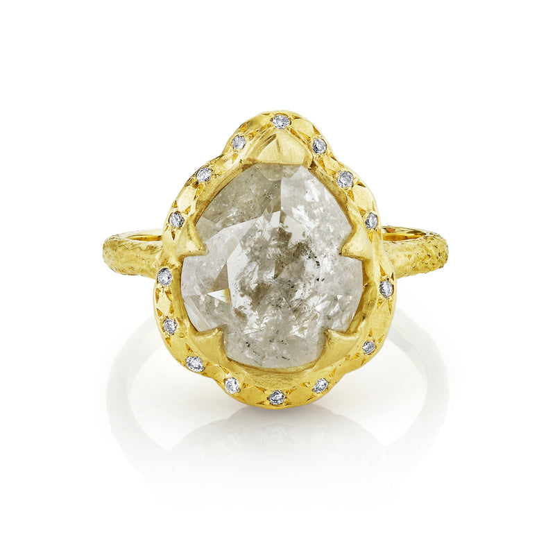 Premium Baby Queen Water Drop Salt & Pepper Diamond Ring with Sprinkled Diamond Halo Yellow Gold 6.5 by Logan Hollowell Jewelry