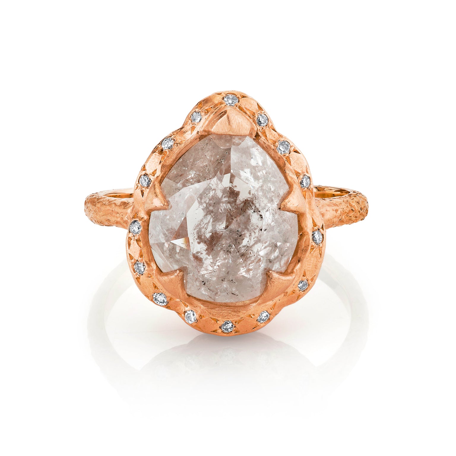 Premium Baby Queen Water Drop Salt & Pepper Diamond Ring with Sprinkled Diamond Halo by Logan Hollowell Jewelry