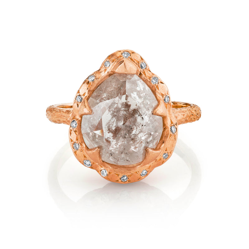 Premium Baby Queen Water Drop Salt & Pepper Diamond Ring with Sprinkled Diamond Halo by Logan Hollowell Jewelry