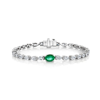 Diamond Water Drop Bracelet with Emerald Center White Gold 6.5"  by Logan Hollowell Jewelry