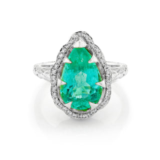 18k Classic Queen Water Drop Paraiba Ring with Full Pavé Diamond Halo White Gold 4  by Logan Hollowell Jewelry