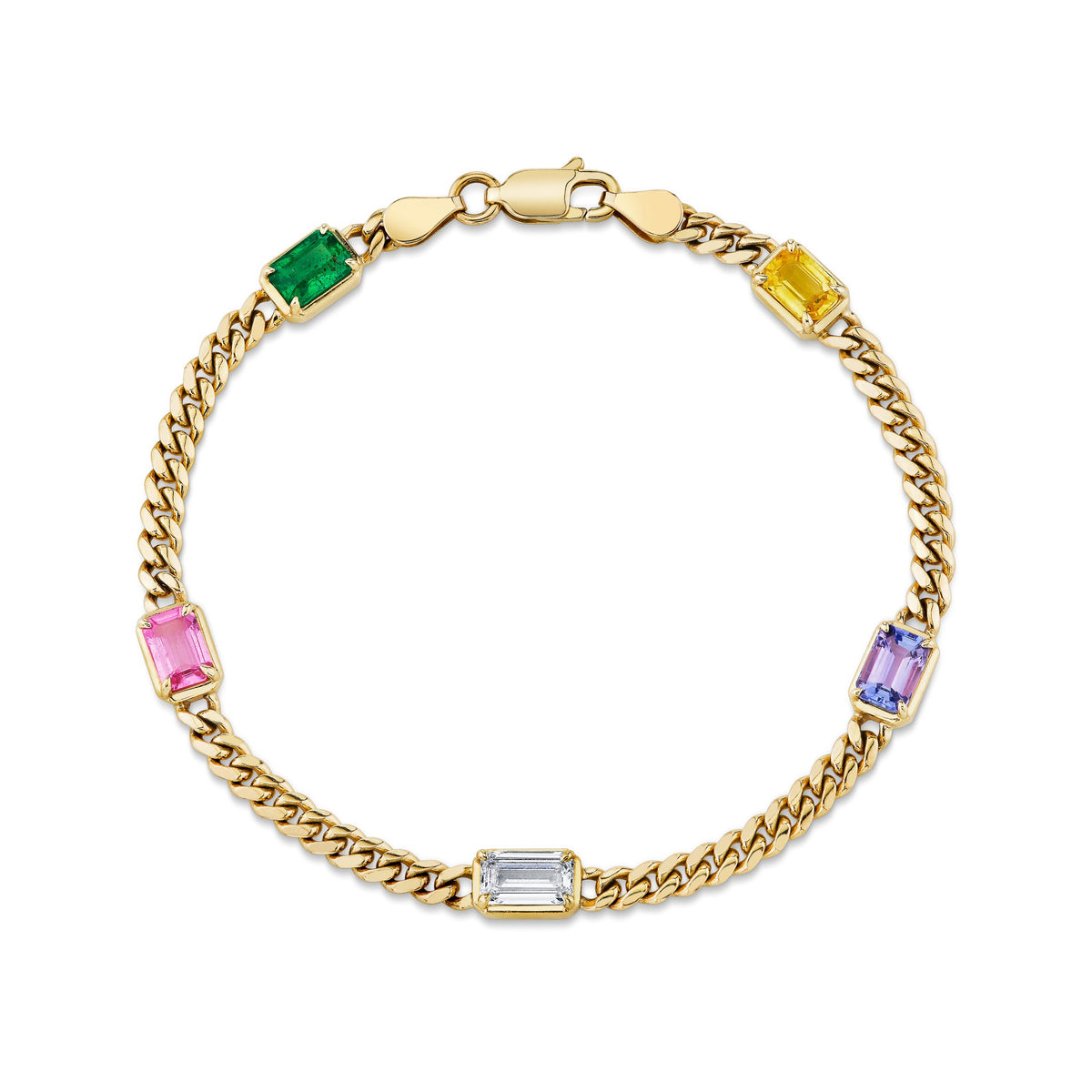 Emerald Cut Rainbow Cuban Bracelet 6.5" Yellow Gold  by Logan Hollowell Jewelry