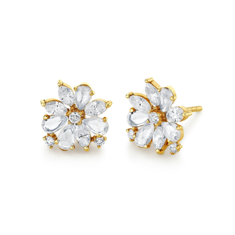 Eternal Jardin Rose Cut Fancy Diamond Flower Studs Yellow Gold Pair  by Logan Hollowell Jewelry