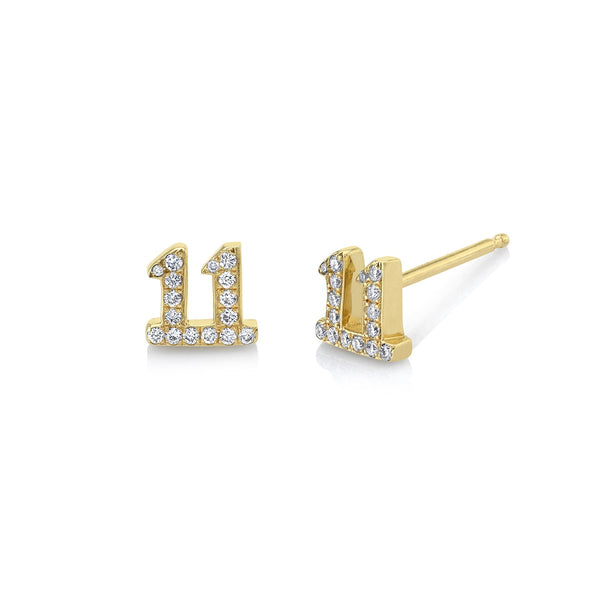 Mini 11 Numerology Studs with Pavé Diamonds | Ready to Ship Yellow Gold Single by Logan Hollowell Jewelry