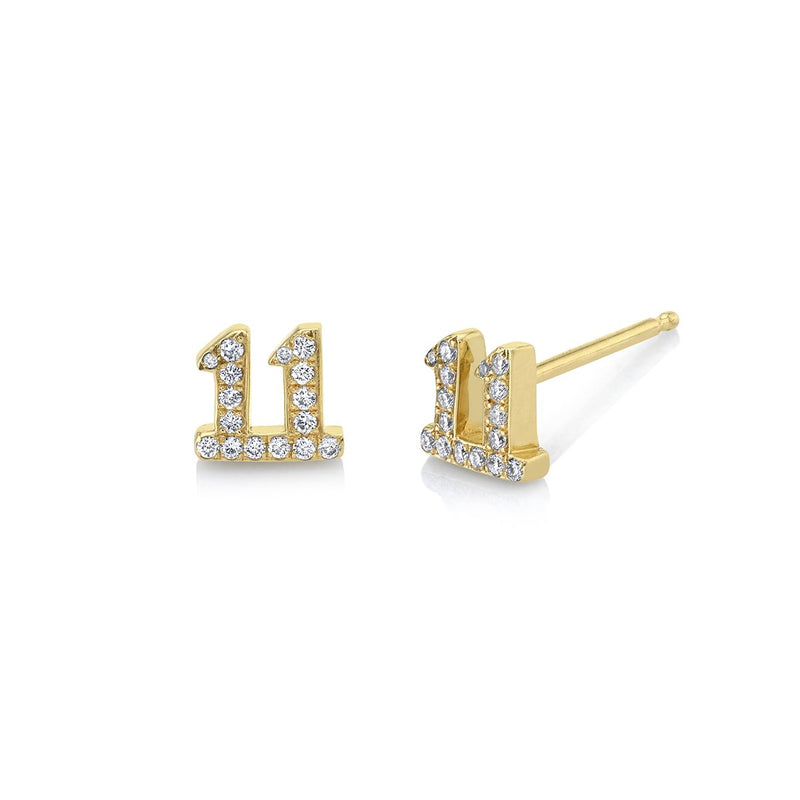 Mini 11 Numerology Studs with Pavé Diamonds | Ready to Ship Yellow Gold Single by Logan Hollowell Jewelry