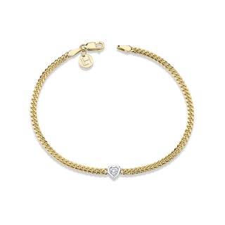 Baby Cuban Chain Bracelet with Bezel Heart Center Classic 7" Yellow Gold White Gold Heart by Logan Hollowell Jewelry
