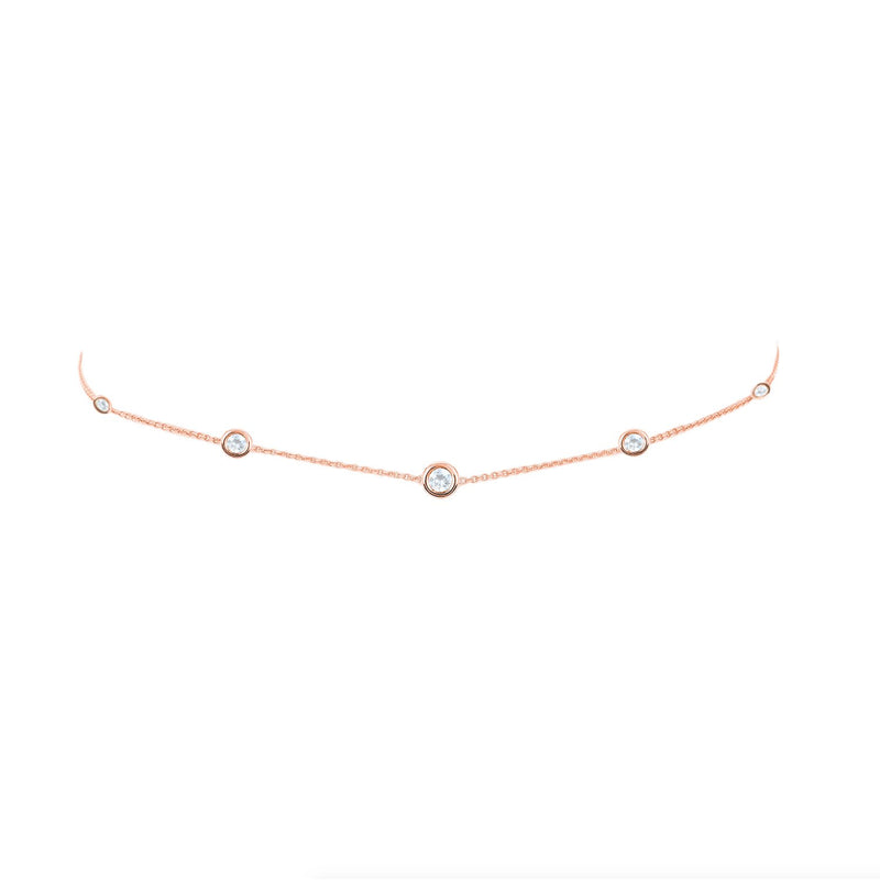 5 Moonstone Orbit Bezel Choker Rose Gold 14-15-16" by Logan Hollowell Jewelry
