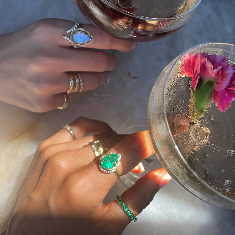 Baby Queen Water Drop Colombian Emerald Ring with Full Pavé Diamond Halo by Logan Hollowell Jewelry