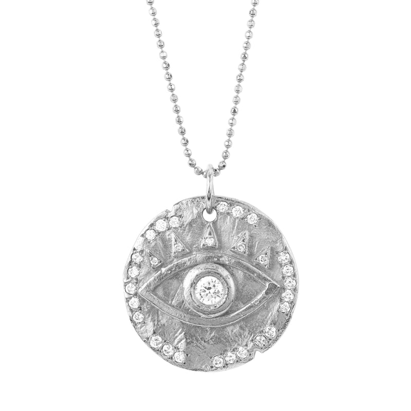 Diamond Eye of Protection Coin Pendant White Gold 16" by Logan Hollowell Jewelry