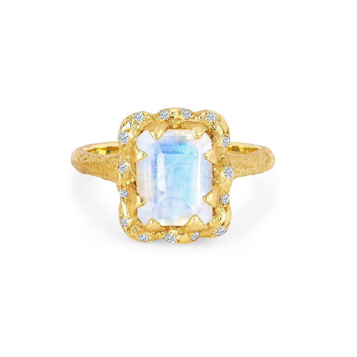 18k Queen Emerald Cut Moonstone Ring with Sprinkled Diamonds Yellow Gold 3  by Logan Hollowell Jewelry