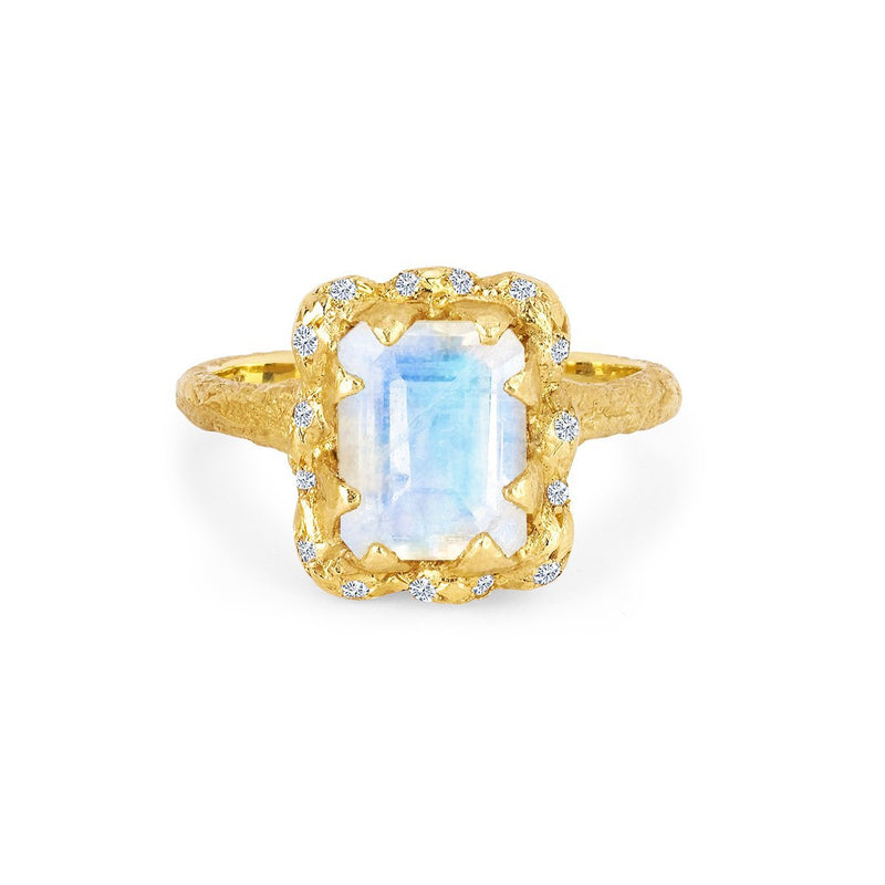 18k Queen Emerald Cut Moonstone Ring with Sprinkled Diamonds Yellow Gold 3  by Logan Hollowell Jewelry