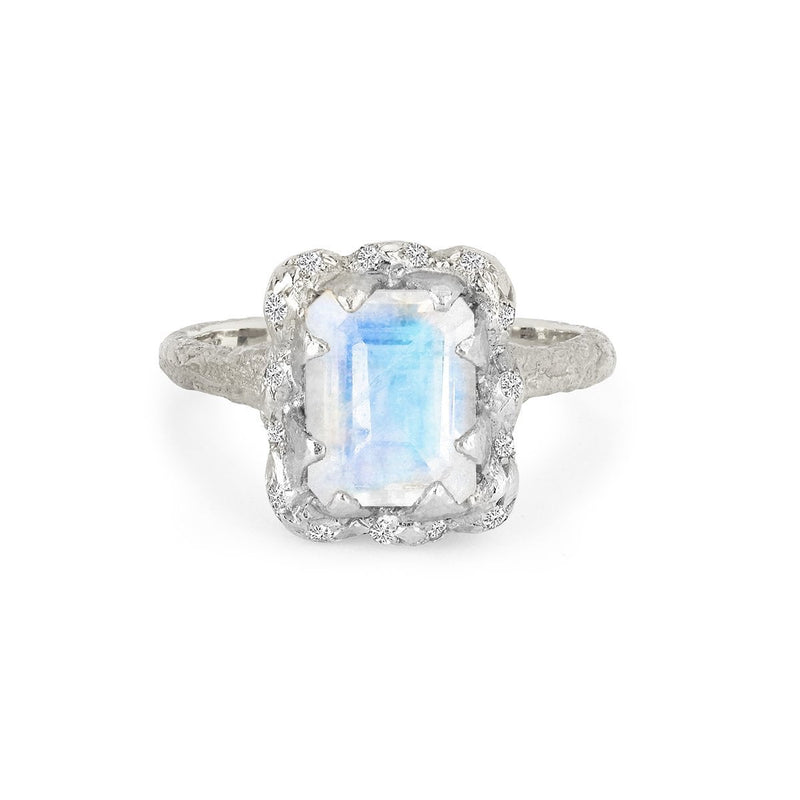 18k Queen Emerald Cut Moonstone Ring with Sprinkled Diamonds White Gold 3  by Logan Hollowell Jewelry