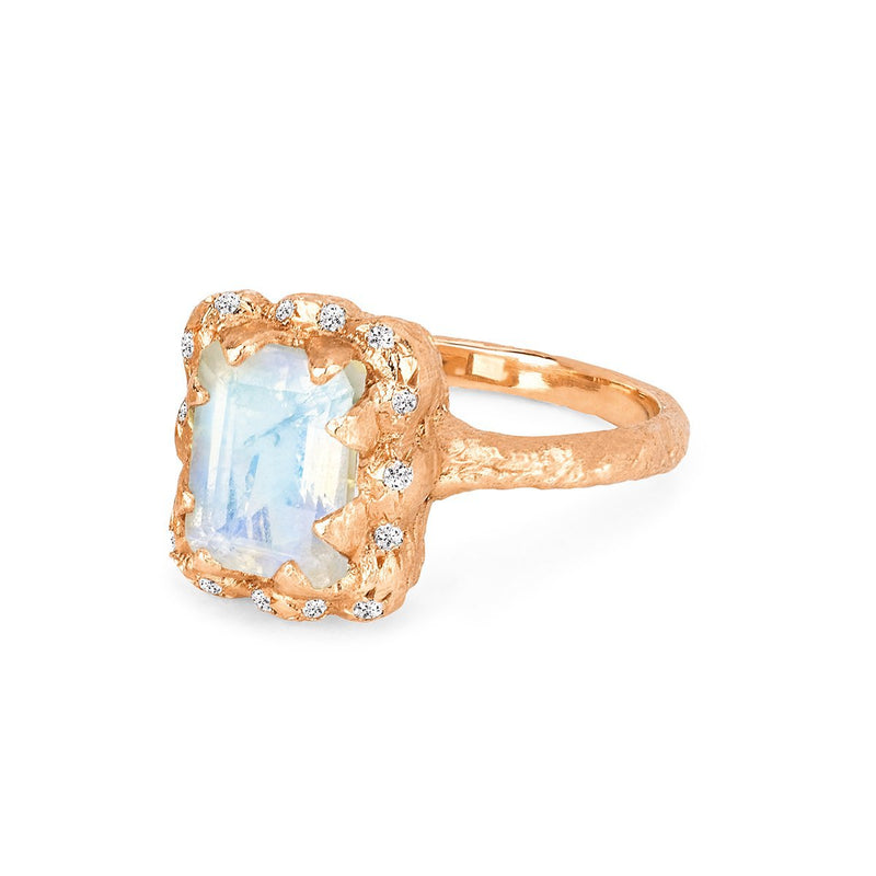 18k Queen Emerald Cut Moonstone Ring with Sprinkled Diamonds    by Logan Hollowell Jewelry