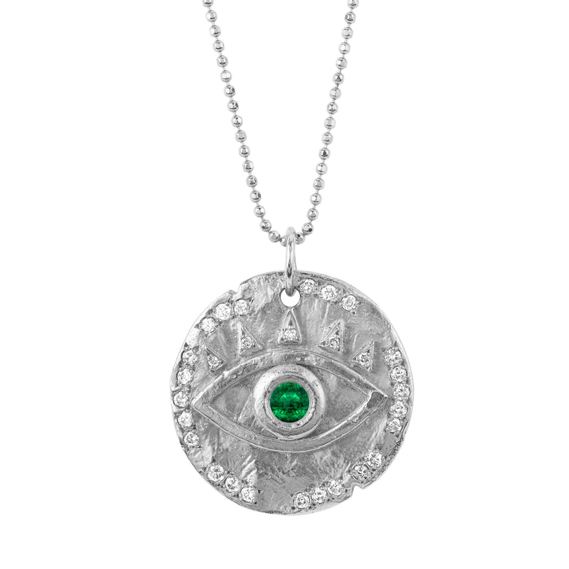 Emerald Eye of Protection Coin Pendant White Gold 16 by Logan Hollowell Jewelry