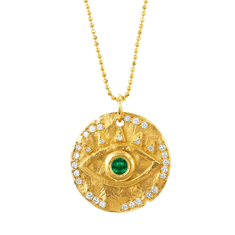 Emerald Eye of Protection Coin Pendant | Ready to Ship Yellow Gold 20" by Logan Hollowell Jewelry