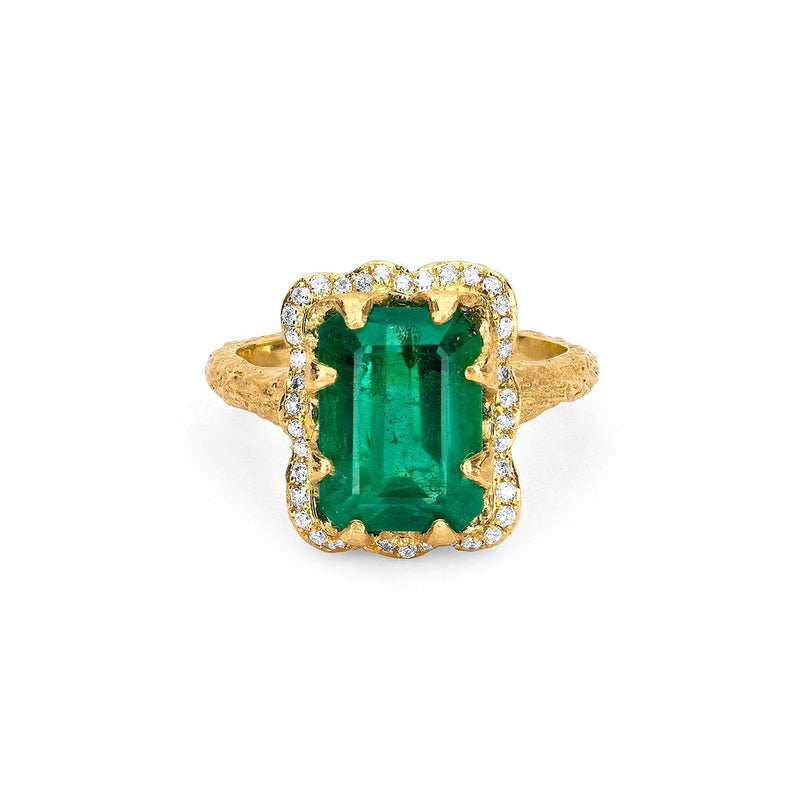 Queen Emerald Cut Emerald Ring with Full Pavé Diamond Halo | Ready to Ship Yellow Gold 5.5 by Logan Hollowell Jewelry