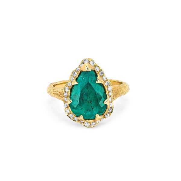 Medium Premium Water Drop Colombian Emerald Queen Ring with Full Pavé Diamond Halo Yellow Gold 3 by Logan Hollowell Jewelry