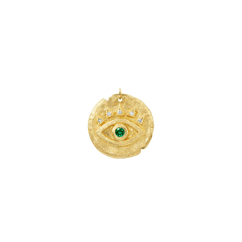 Emerald Petite Eye of Protection Coin Charm Yellow Gold by Logan Hollowell Jewelry