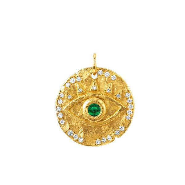 Emerald Eye of Protection Coin Charm | Ready to Ship Yellow Gold by Logan Hollowell Jewelry