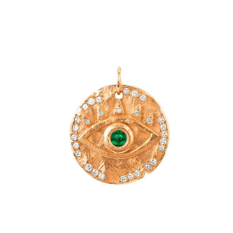 Emerald Eye of Protection Coin Charm Rose Gold by Logan Hollowell Jewelry