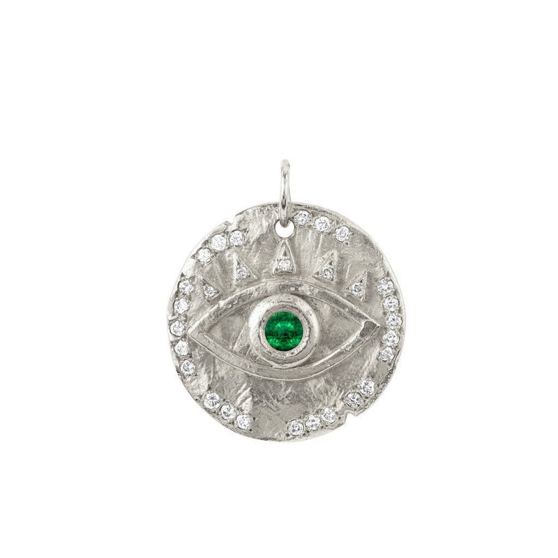 Emerald Eye of Protection Coin Charm White Gold by Logan Hollowell Jewelry