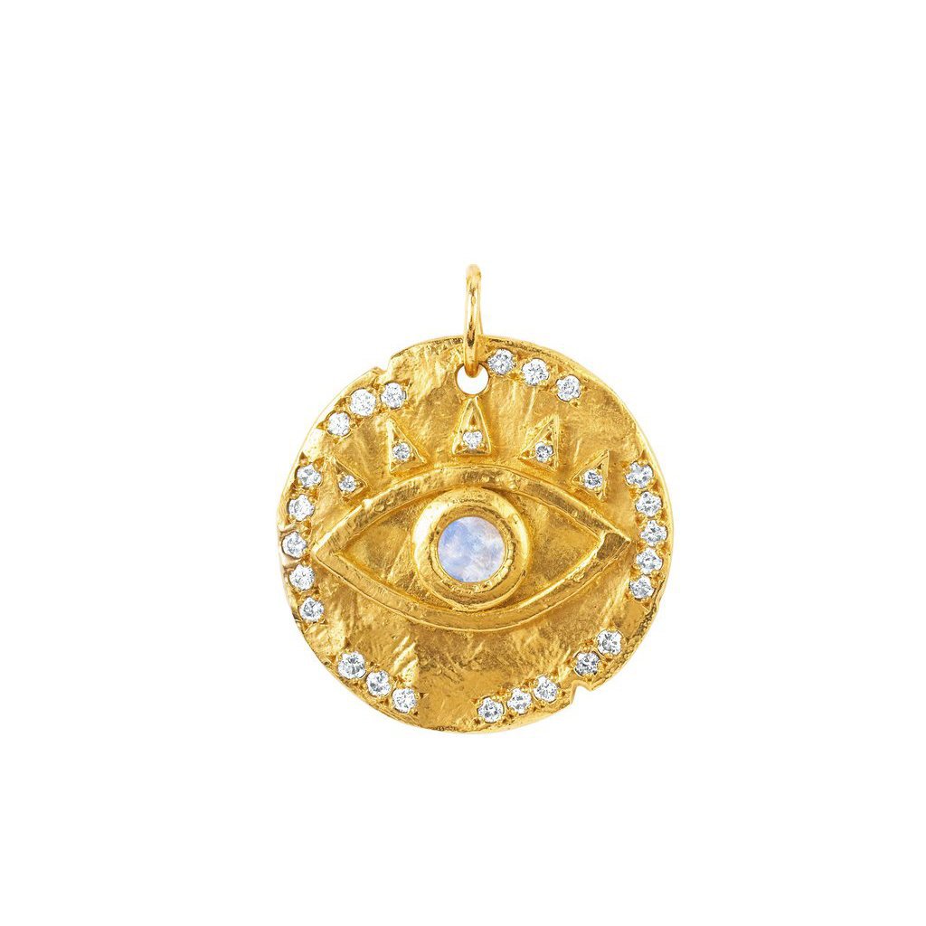 Moonstone Eye of Protection Coin Charm Yellow Gold by Logan Hollowell Jewelry