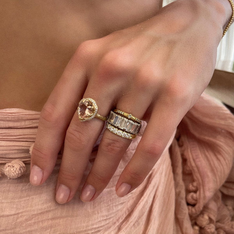 Baby Queen Water Drop Morganite Ring with Full Pavé Halo | Ready to Ship by Logan Hollowell Jewelry