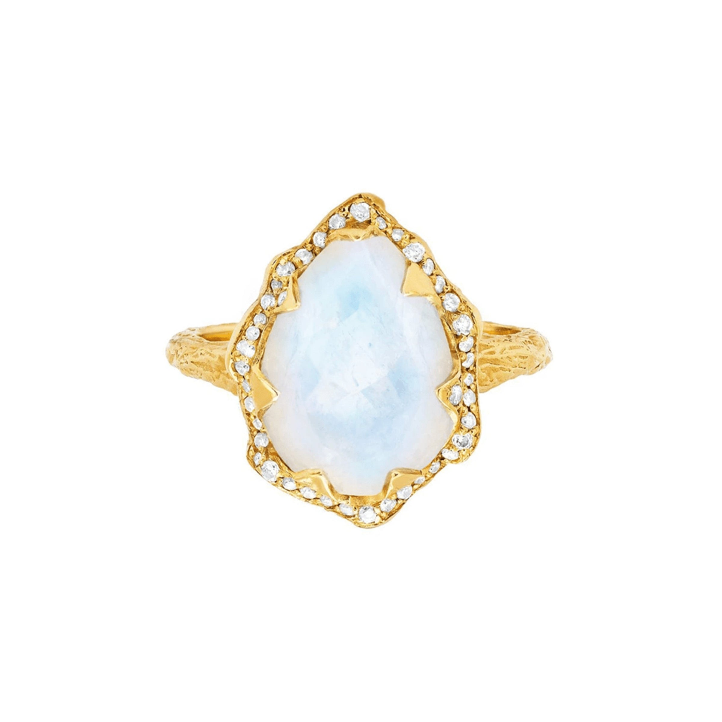 Queen Water Drop Moonstone Ring with Full Pavé Diamond Halo Yellow Gold 3 by Logan Hollowell Jewelry