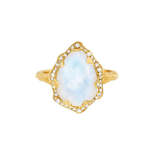Queen Water Drop Moonstone Ring with Full Pavé Diamond Halo Yellow Gold 3 by Logan Hollowell Jewelry