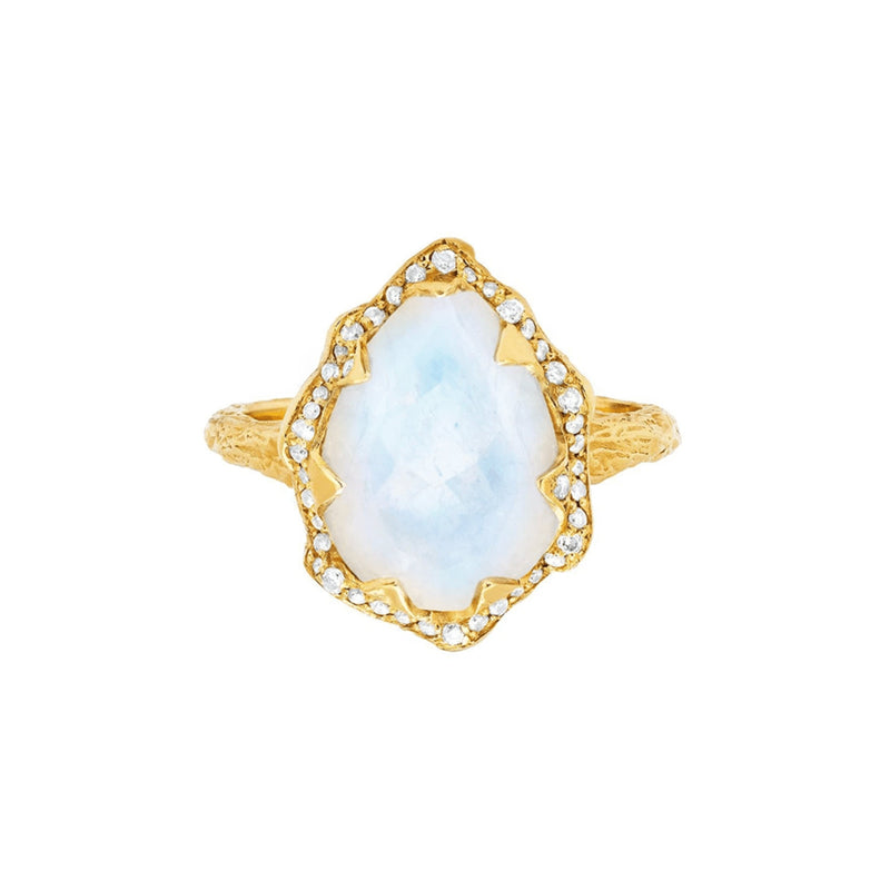 Queen Water Drop Moonstone Ring with Full Pavé Diamond Halo Yellow Gold 3 by Logan Hollowell Jewelry